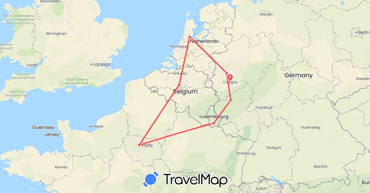 TravelMap itinerary: hiking, boat in Belgium, Germany, France, Luxembourg, Netherlands (Europe)